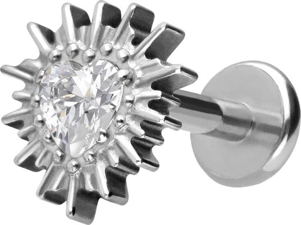 Ohrpiercing, Nasenpiercing Titan Labret mit Push Fit KRISTALLHERZ + SONNENSTRAHLEN Silber Stablänge: 6mm | Stabstärke: 1,2mm