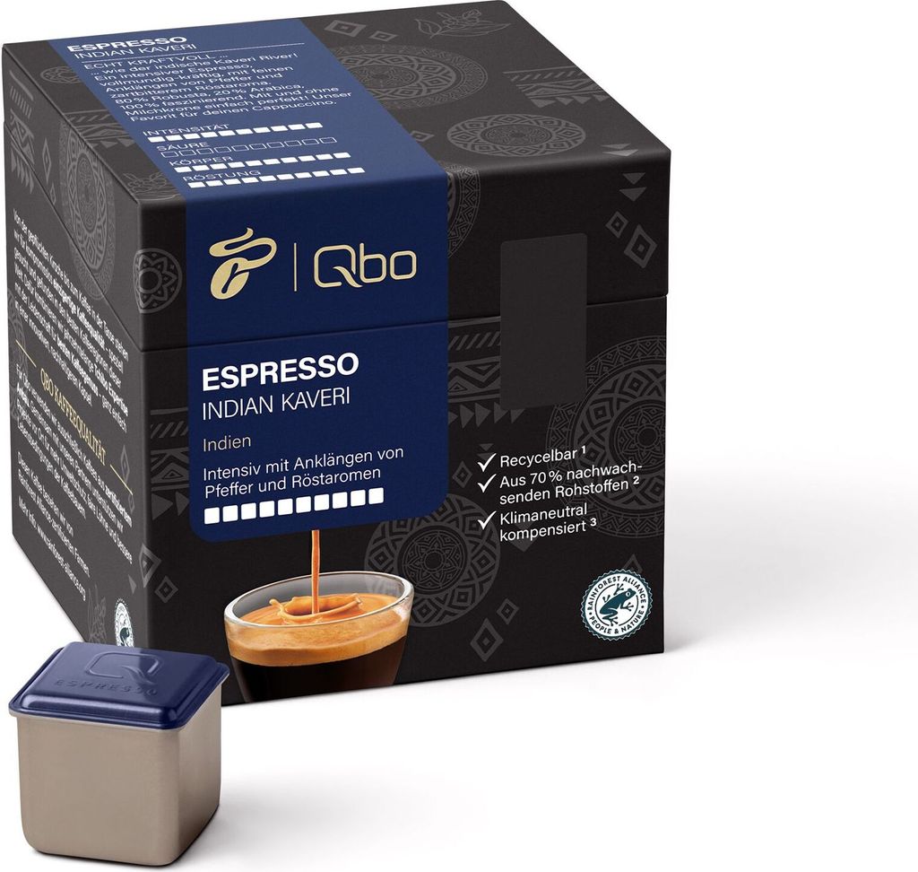 Tchibo Qbo Espresso Indian Kaveri Premium Kaffeekapseln, 27 Stück (Espresso, Intensität 10/10, intensiv und pfeffrig), nachhaltig, aus 70% nachwa...