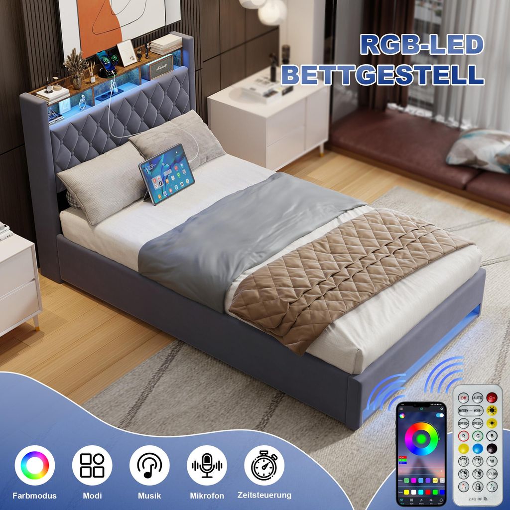 MODFU Lit boxspring 140×200 avec coffre, lit rembourré avec Image du produit 