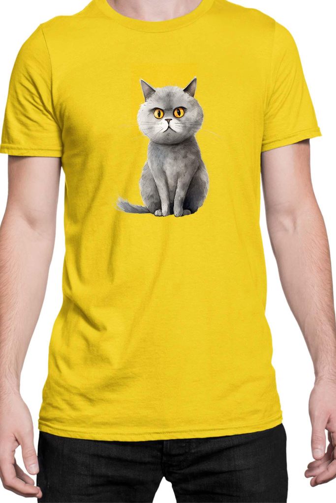 Herren T-Shirt Funny Cats Breeds British Shorthair Cat 017, Man L / Gelb