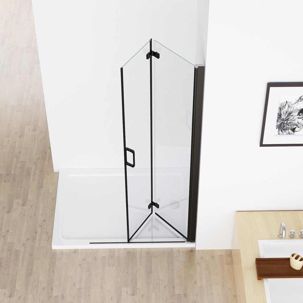 MIQU Nischentür 90 x 185 cm Walk in Duschabtrennung Faltbar Duschwand für Dusche Matt Schwarz Pendeltür Falttür Duschtür aus ESG Glas Rahmenlos