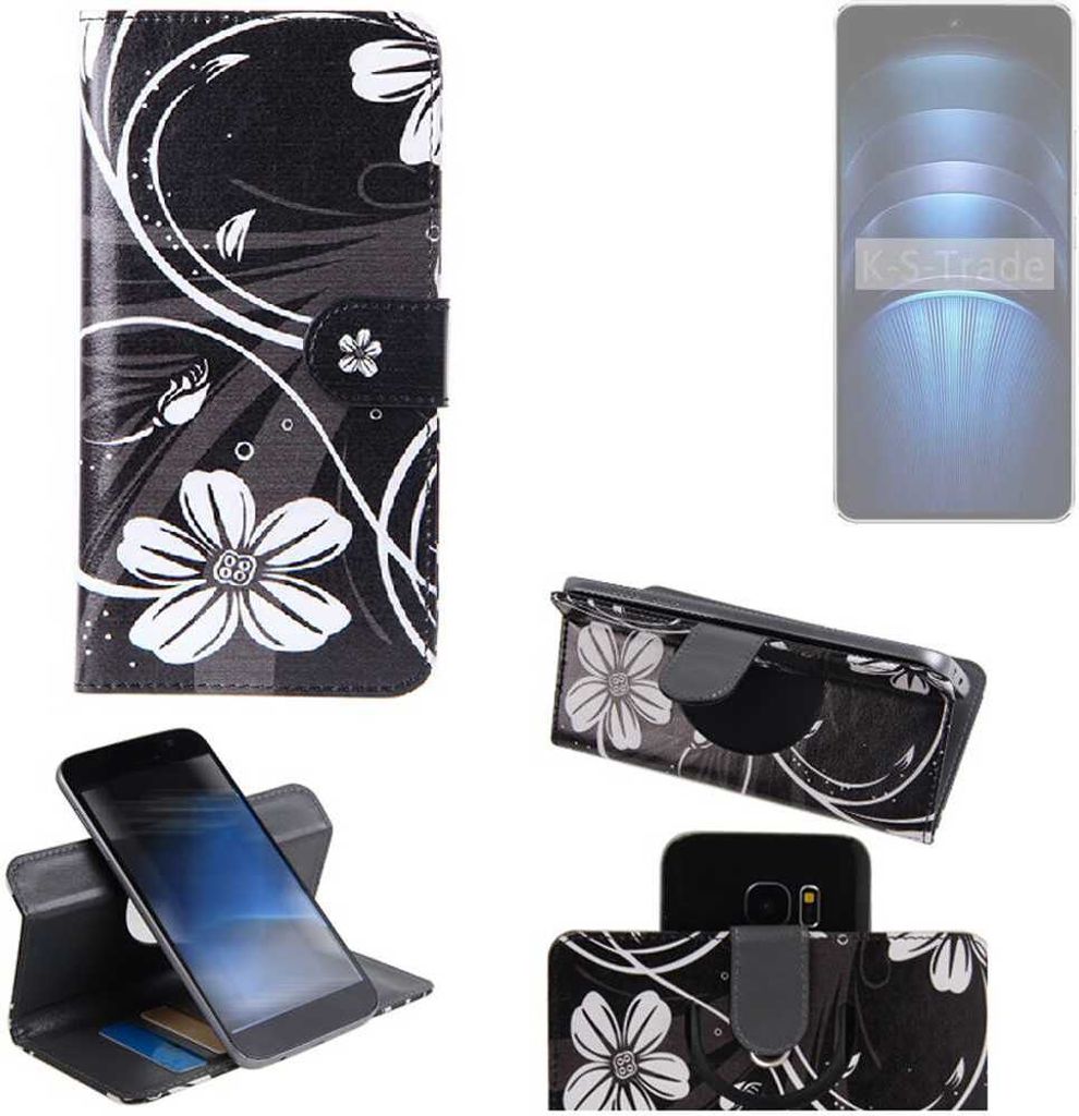 K-S-Trade Schutzhülle Handyhülle kompatibel mit Vivo iQOO Neo9s Pro+ Hülle 360° Wallet Case “Flowers“ Klapphülle Hülle schwarz-weiß 1x