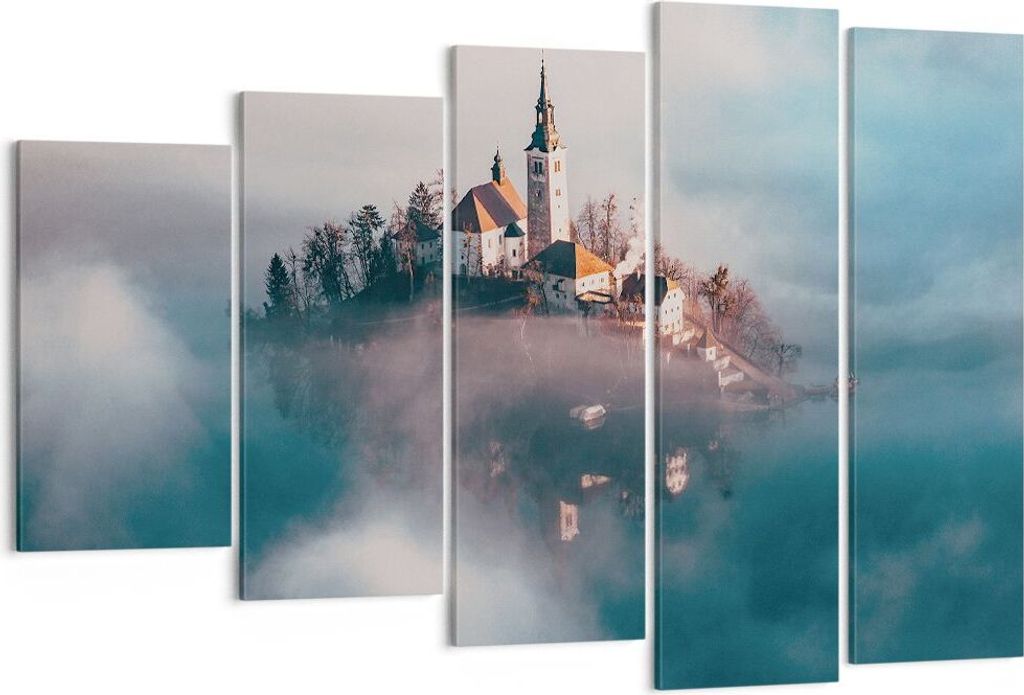 Bild auf Leinwand - Leinwandbild - 5 Teile - Alpen Bled Kirche - 150x100cm - Wand Bild - Wanddeko - Wandbilder - Leinwanddruck - Bilder - Wanddekor...