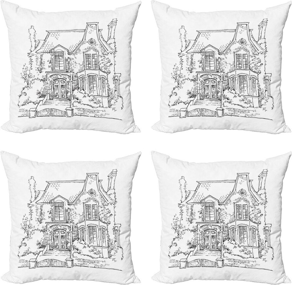 ABAKUHAUS Stadt Alte Häuser Kissenbezug Set (4 Stück), Gothic Mansion Art, Moderner Doppelseitiger Digitaldruck, 50 cm x 50 cm, Schwarz-Weiss