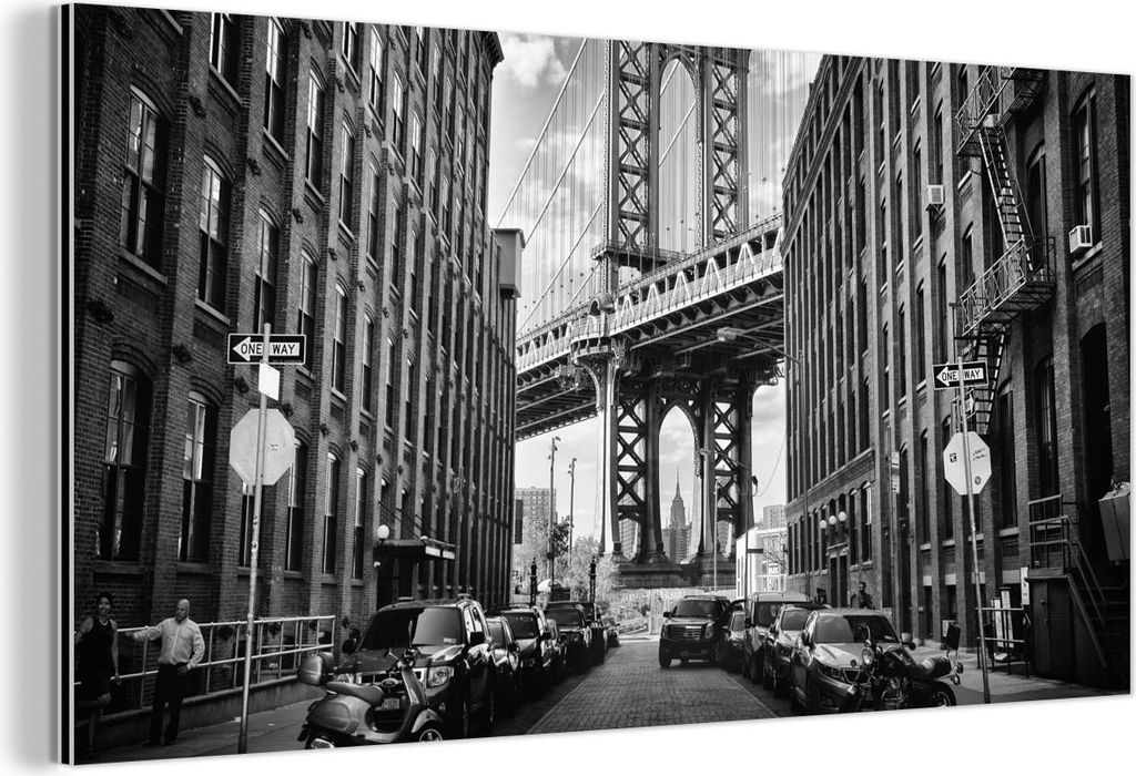 MuchoWow Wanddekoration Metall Metallbild Wandkunst 80x40 cm Straße - Brücke - Amerika - Schwarz und weiß MuchoWow Aluminium Gemälde - Wanddeko...