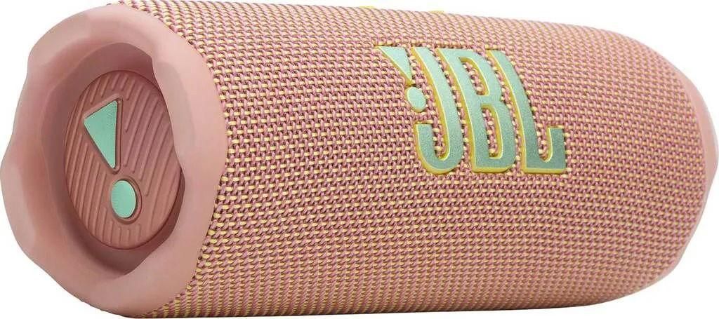 A pink JBL Flip speaker with a green JBL logo.