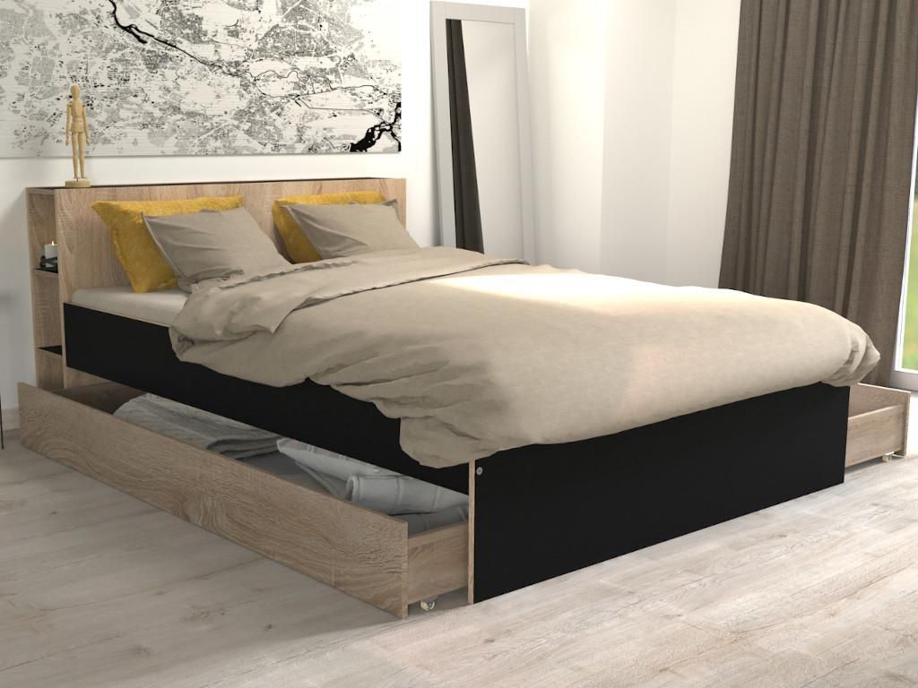 BETT RIGA MIT SCHUBLADEN/ Bett 140x190 - Schwarz und Gebleichte Eiche Nachbildung