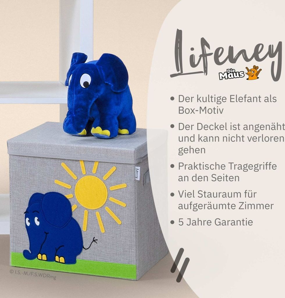 Lifeney meets "Die Maus" Aufbewahrungsbox mit Deckel für Kinder Box mit dem kultigen Elefanten zum Verstauen von Spielzeug 33 x 33 x 33 cm passend...