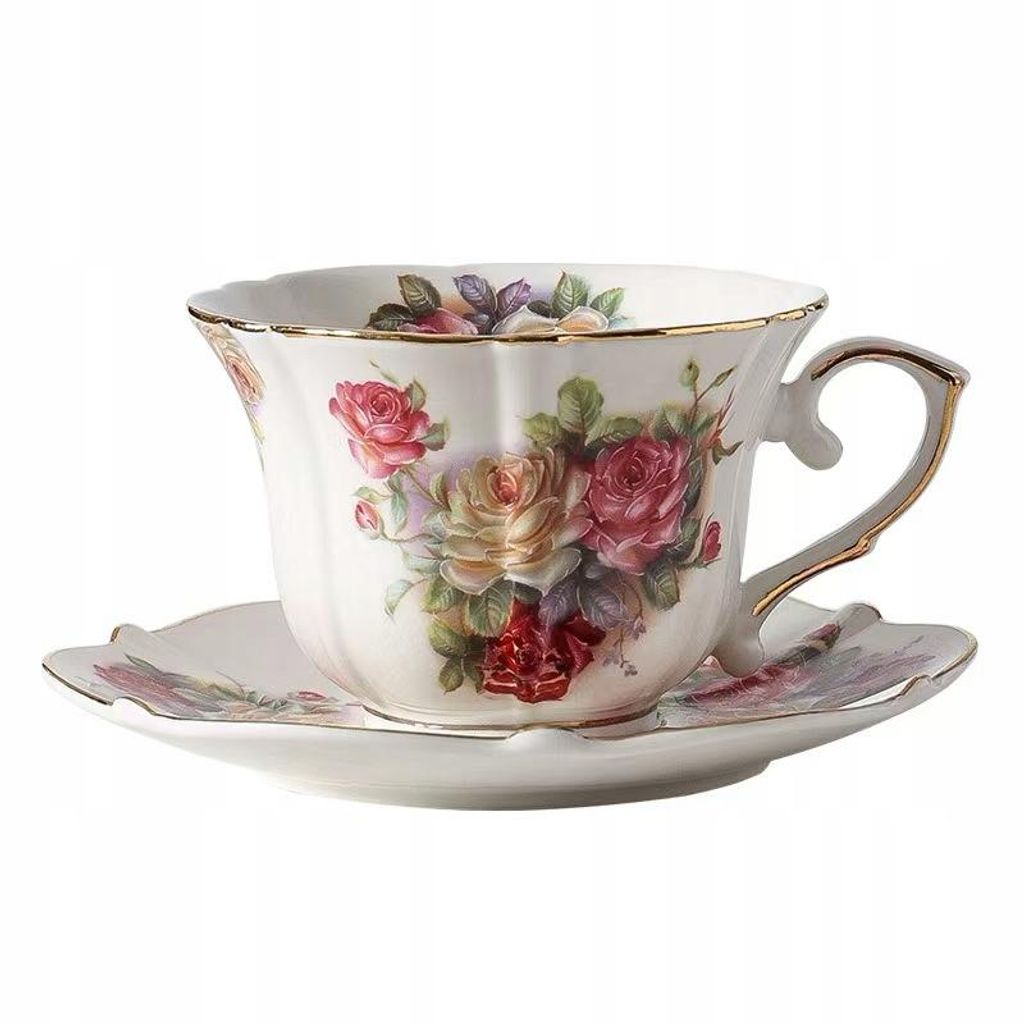 Porzellan Tasse mit Untertasse 220 ml Vintage Rosen – Englische Kaffeetasse mit Goldrand, Elegantes Teeset Floral