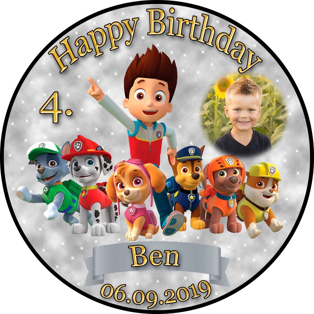 Tortenaufleger Fototorte Tortenbild Kindergeburtstag Paw Patrol PP02 (Zuckerpapier) Rund 14 cm Ø mit Banner & Foto Grau