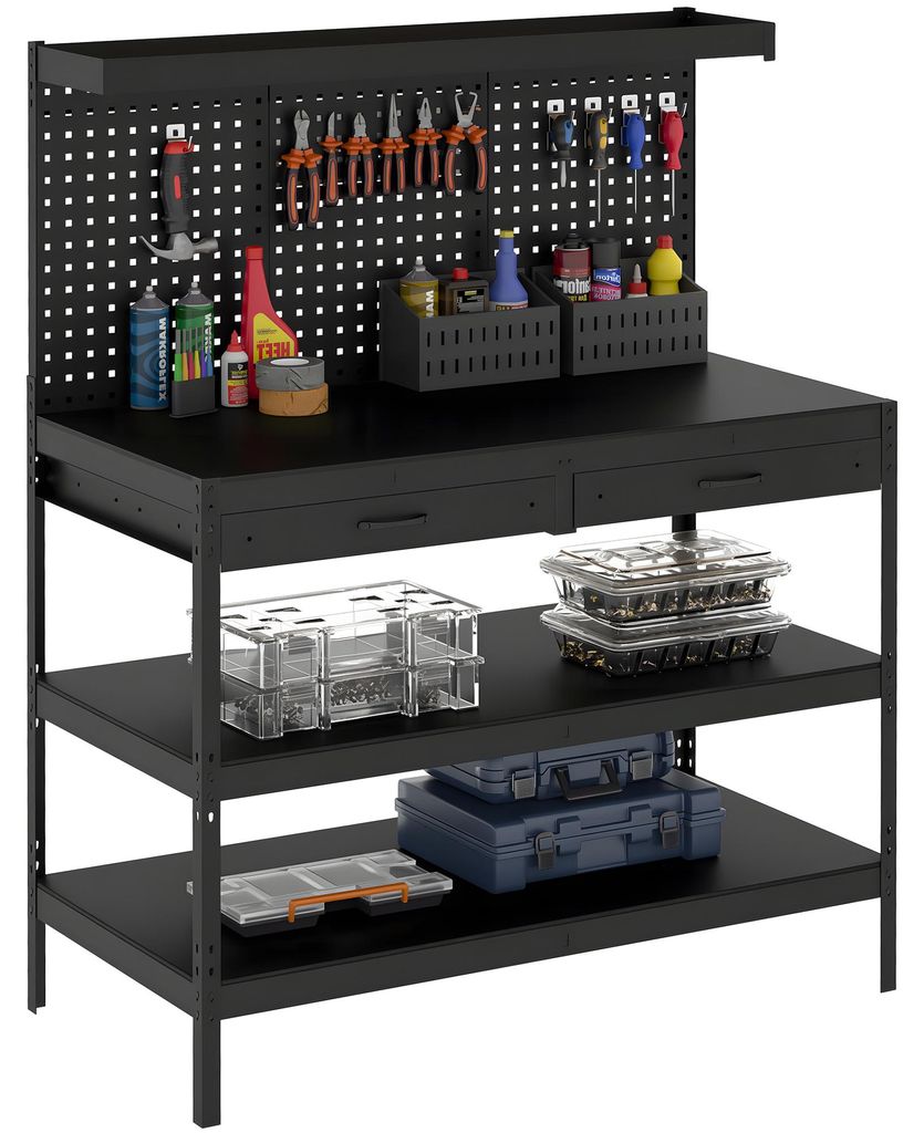 HOMCOM Werkbank 122 x 61 x 156 cm Arbeitstisch mit Lochwand, 2 Schubladen
