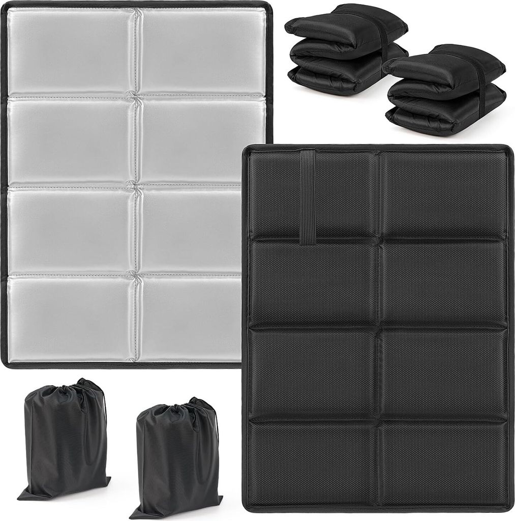 Two different colored outdoor seat cushions are displayed, one silver and one black, along with two black drawstring bags.
