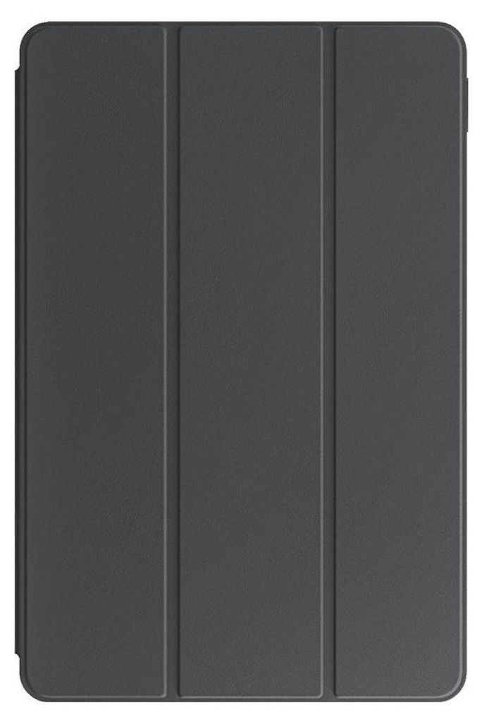 A dark gray tablet case with three vertical folds is shown flat against a gray background.