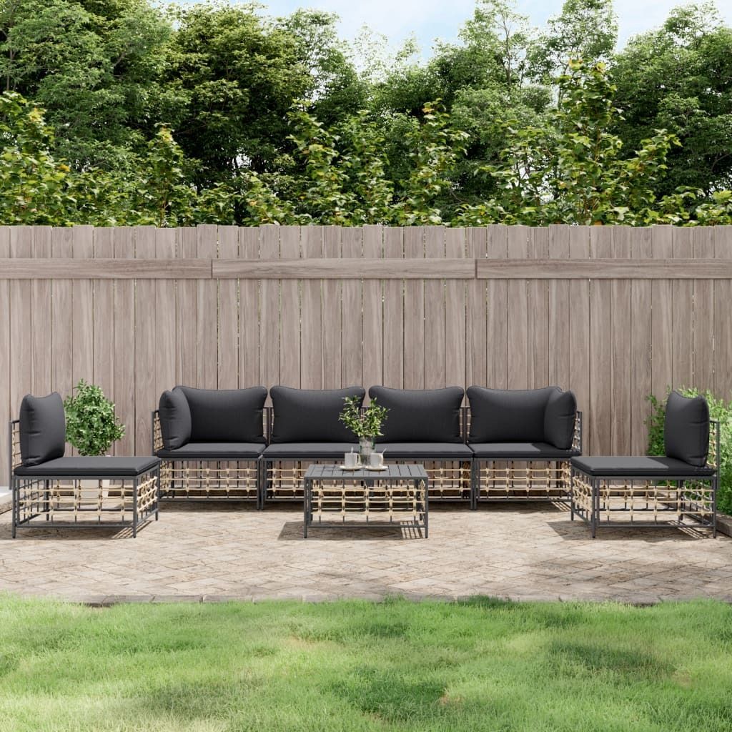 ZMH 7-tlg. Garten-Lounge-Set mit Kissen Anthrazit Poly Rattan