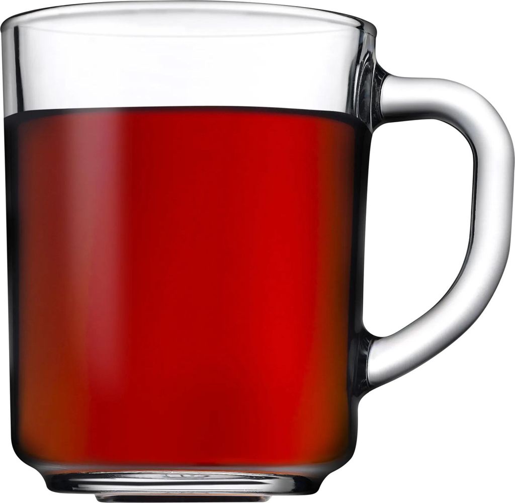 A clear studio shot of a glass mug filled with a red liquid.