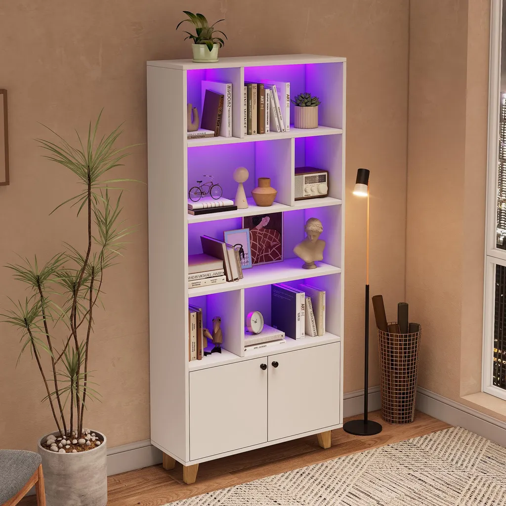 Bibliothèque LED avec Télécommande et Compartiments, Style Blanc Épuré - 3