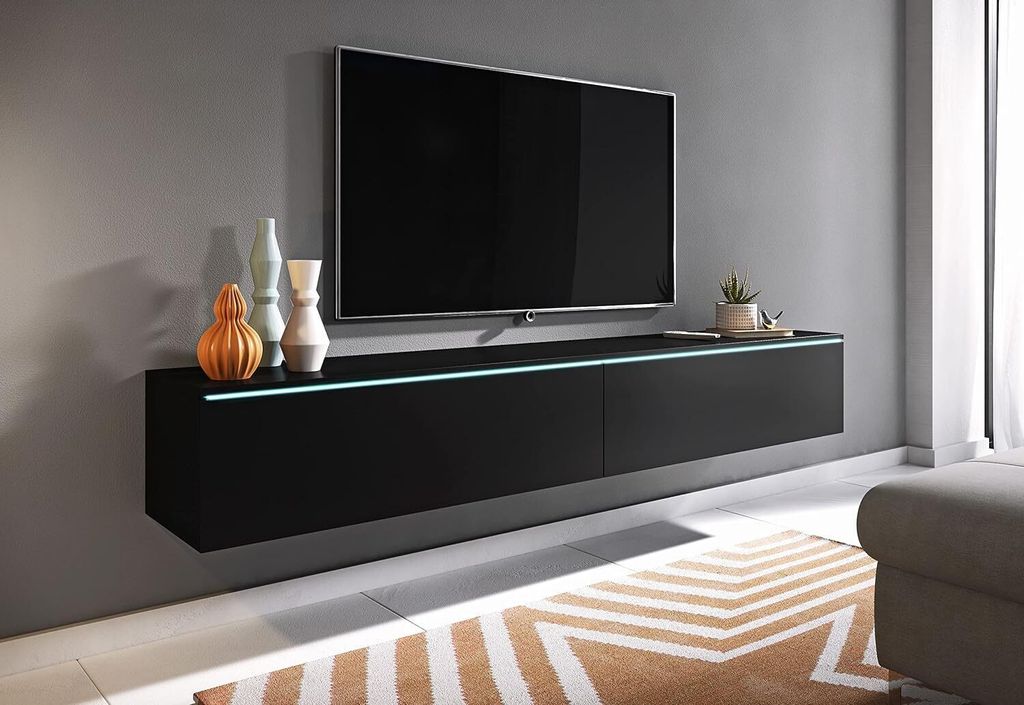 PIASKI TV-Schrank Lowboard D 180 cm, schwebender TV-Schrank, mattschwarz