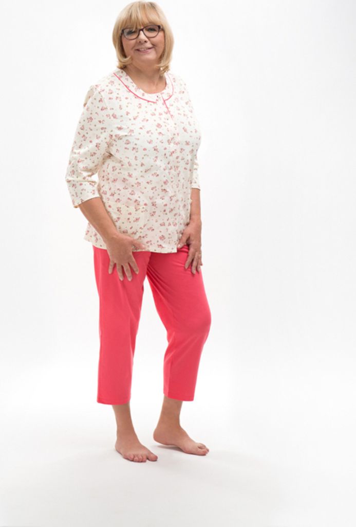 Martel Maria Damen-Pyjama, Ärmel 3/4, 100 % Baumwolle, Creme/Rosa