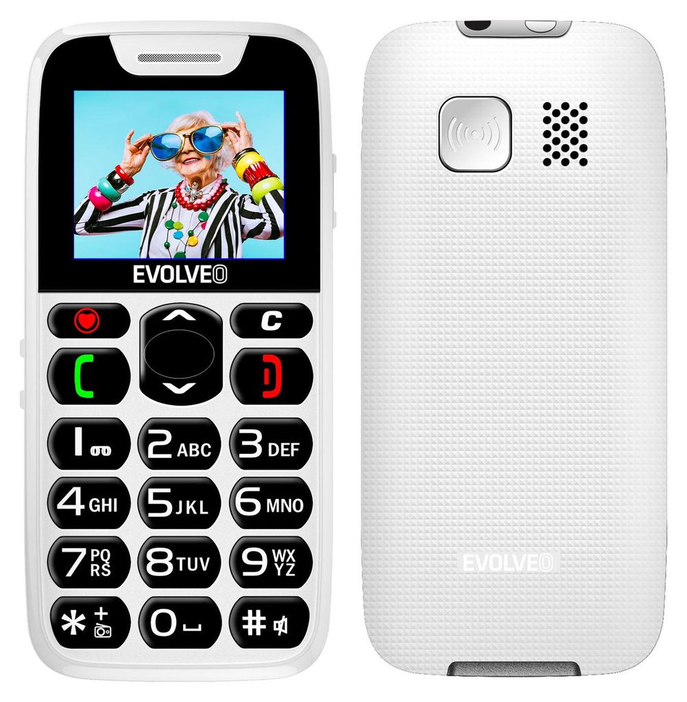 A white EVOLVEO EasyPhone is shown from the front and back, with a close-up of the screen displaying an elderly woman.