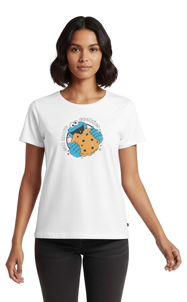 Spreadshirt Sesamstraße Krümelmonster Eat More Cookies Frauen Premium T-Shirt, M, Weiß