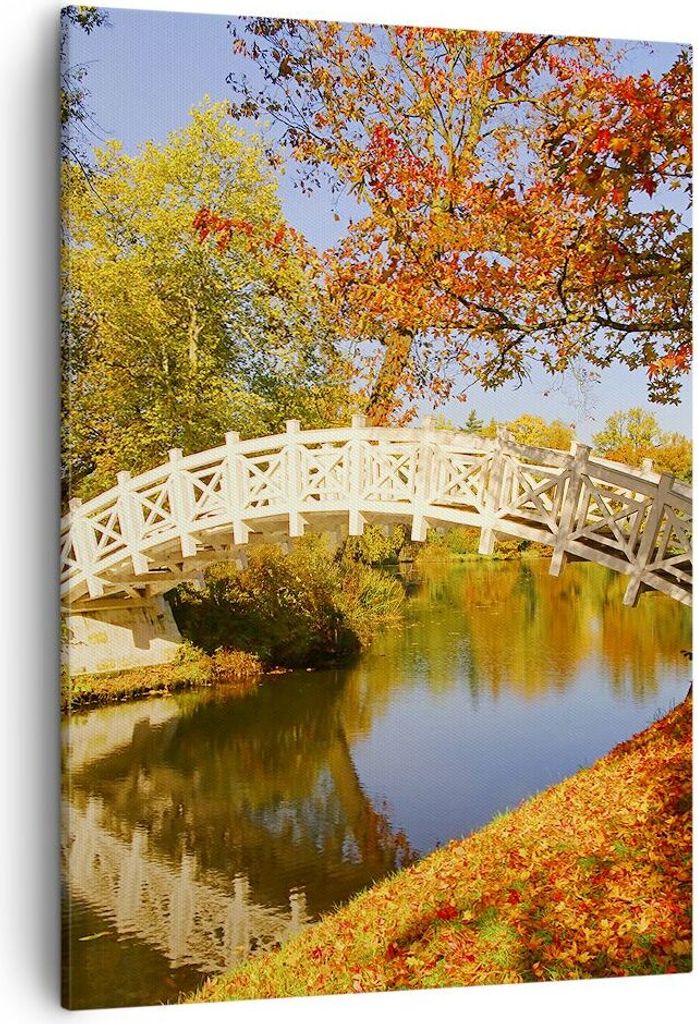 Bild auf Leinwand - Leinwandbild - Einteilig - Stream Fußgängerbrücke Herbst - 50x70cm - Wand Bild - Wanddeko - Wandbilder - Leinwanddruck - Wan...