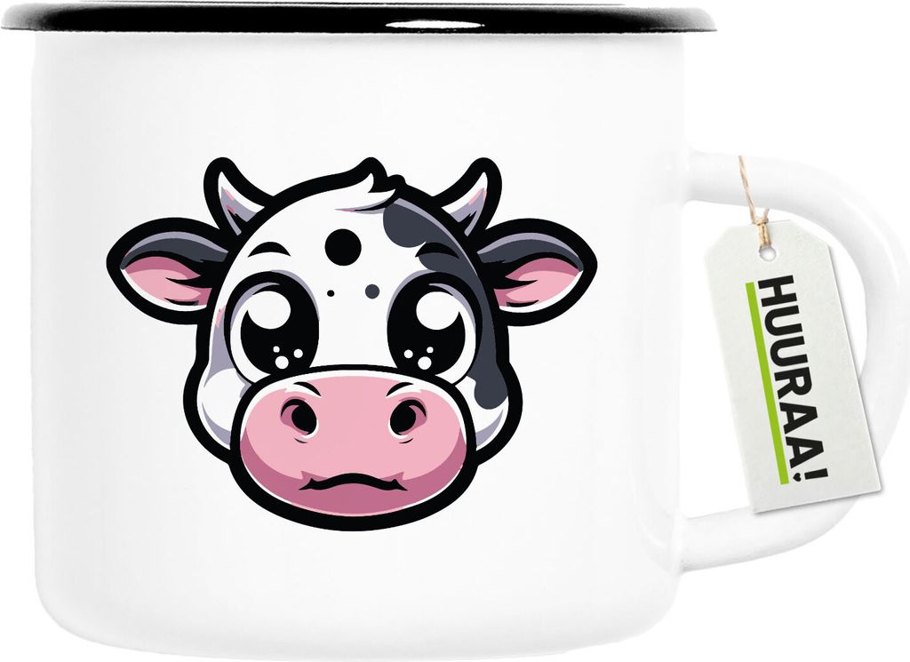 Huuraa Emaille Tasse Comic Kuh Kälbchen 300ml Vintage Campingbecher Geschenkidee