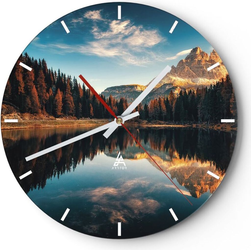 Wanduhr - Rund - Glasuhr - Spiegelung See Landschaft - 30x30cm - Schleichendes Uhrwerk - Lautlos - zum Aufhängen bereit - Dekoration Modern - Wand...