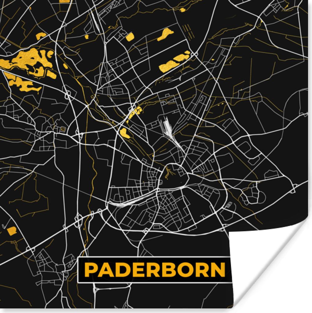 MuchoWow Poster Stadtplan - Karte - Paderborn - Gold - Deutschland - Karte 75x75 cm - Wand Dekoration