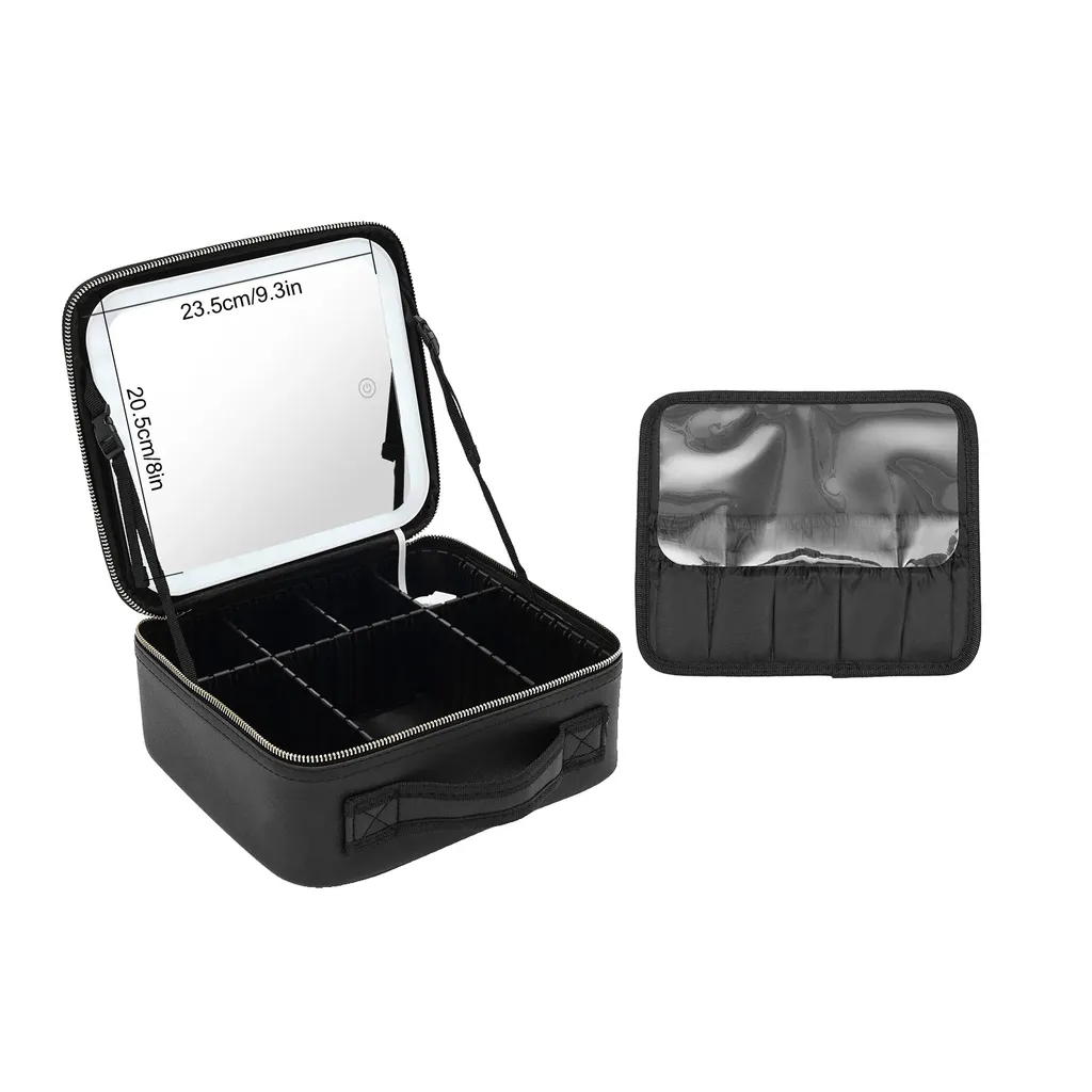 Borsa da viaggio per il trucco, specchio LED, scomparti regolabili, nero