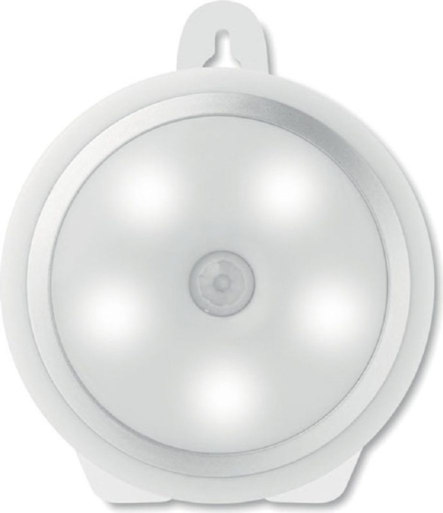 A white LED night light with a motion sensor is shown against a white background.