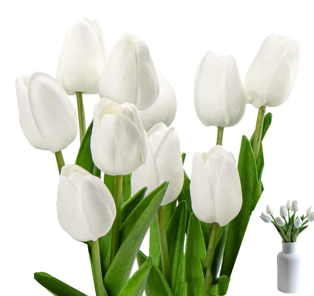 Tulipes artificielles au toucher naturel lot de 10 fleurs blanches