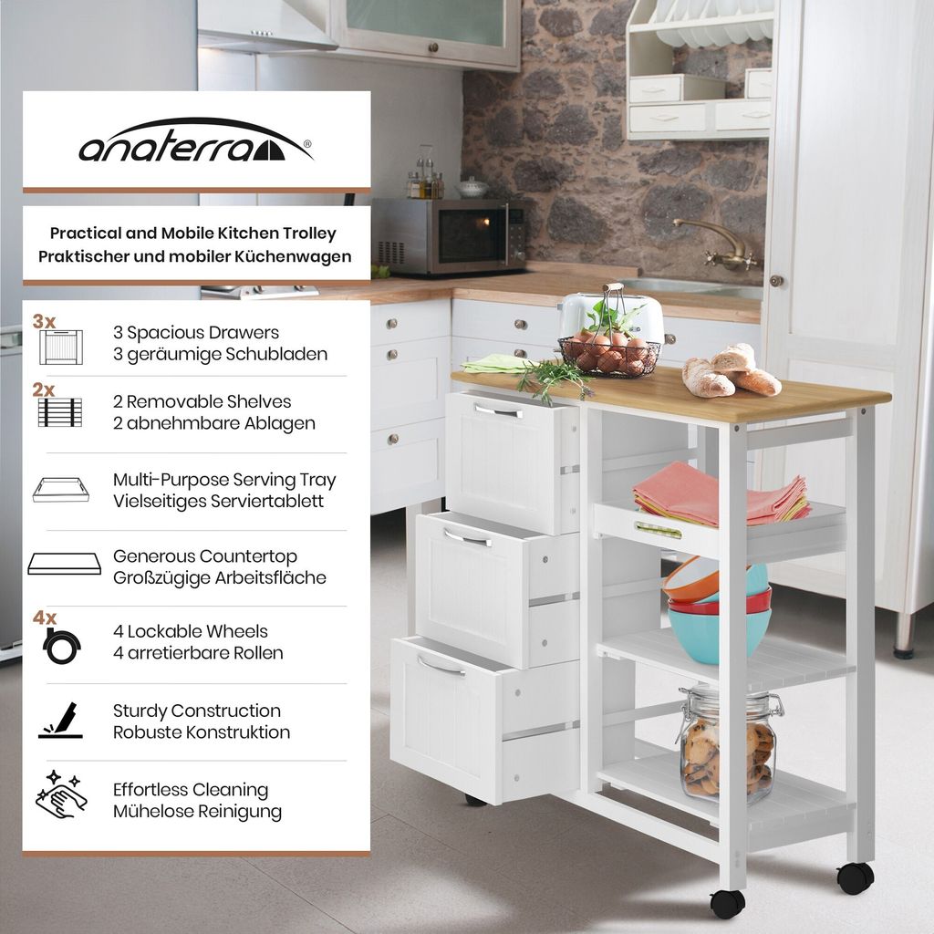 anaterra® Küchenwagen - mit Rollen, 67x37x84 cm, 3 Ebenen, Produktbild 3