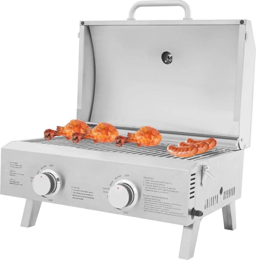 Gasgrill - Tischgrill mit 2 Brennern - 55,8×45×38 cm - Piezozündung - Flammensicherung - Klappbare Beine - Edelstahl - Grau