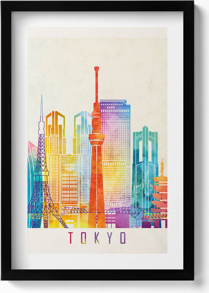 Bunte Illustration der Stadt Tokio in Japan– Wandbild mit Rahmen – Gerahmtes Bild – Wanddekoration – 40x60 cm – Schwarz