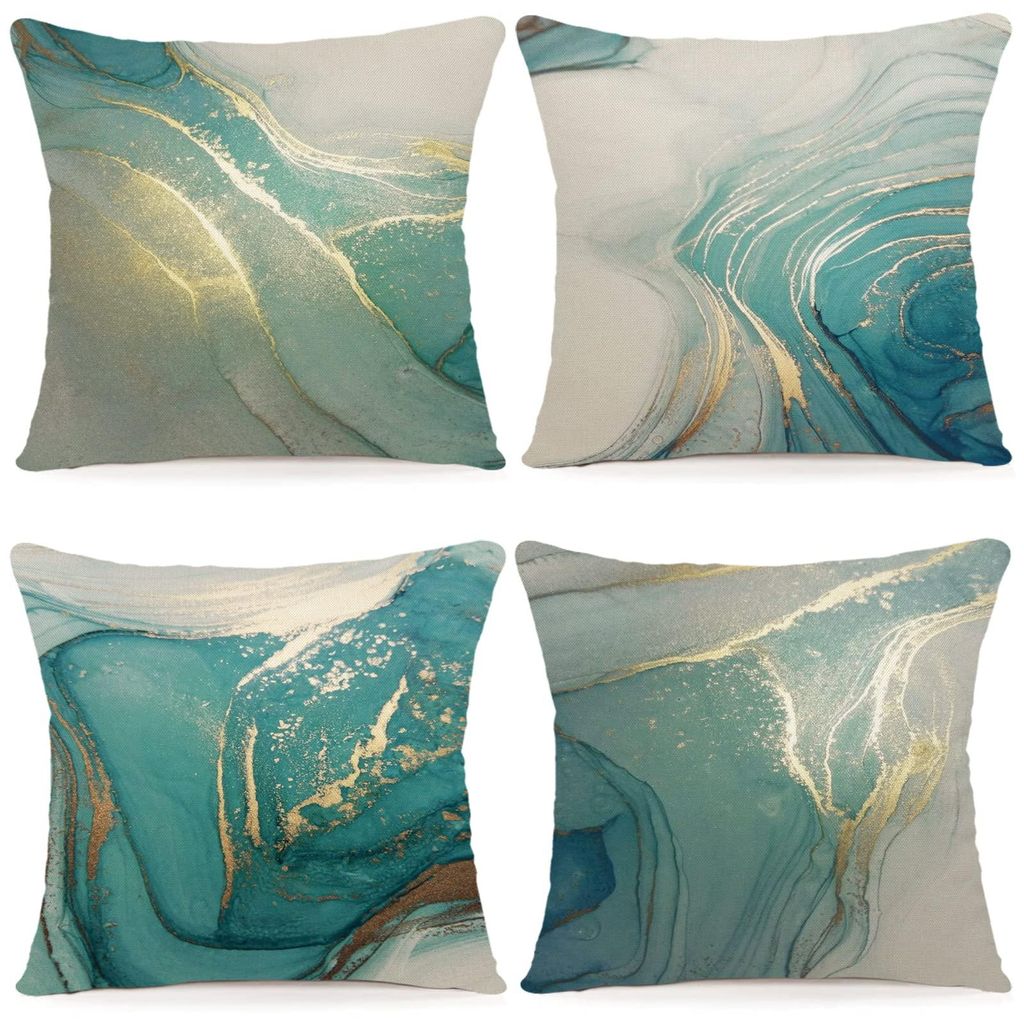 Set aus 4 Leinenkissenbezügen, 50x50 cm, mit geometrischen Mustern, für Sofa, Schlafzimmer, Sessel und den Außenbereich.