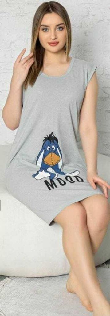 Damen Nachthemd Tunika Pyjama Schlafanzug Grau XL Kurz Nachtwäsche E-39