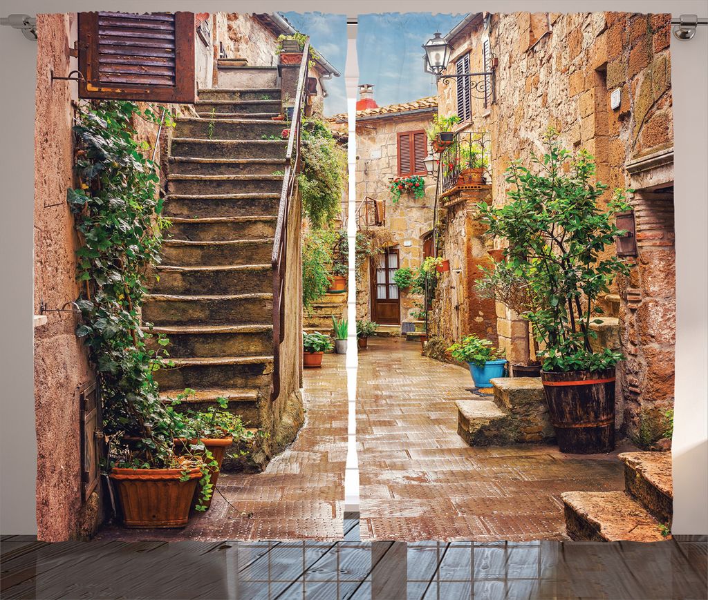 ABAKUHAUS Italien Rustikaler Vorhang, Old Stone Street Häuser, Wohnzimmer Universalband Gardinen mit Schlaufen und Haken, 280 x 175 cm, Mehrfarbig