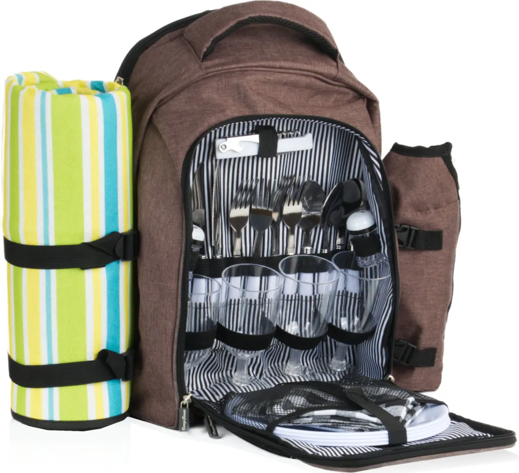 Sac à dos isotherme garni 4 personnes marron chiné, set pique-nique complet