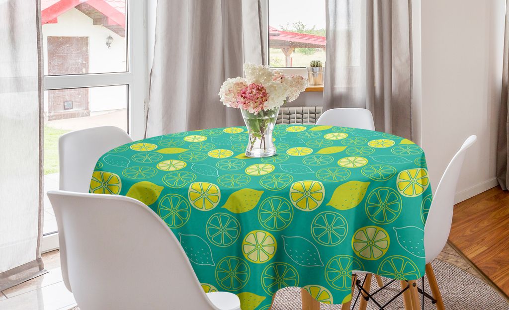 ABAKUHAUS Sommer Runde Tischdecke, Muster Citrus Zitronen, Kreis Tischdecke Abdeckung für Esszimmer Küche Dekoration, 150 cm, Gelb Shamrock Grün