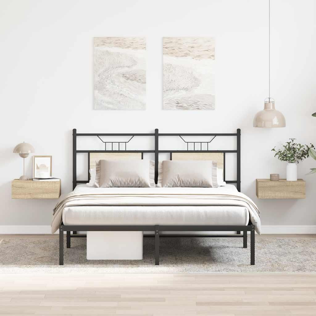 A bedroom scene with a bed and two floating nightstands.