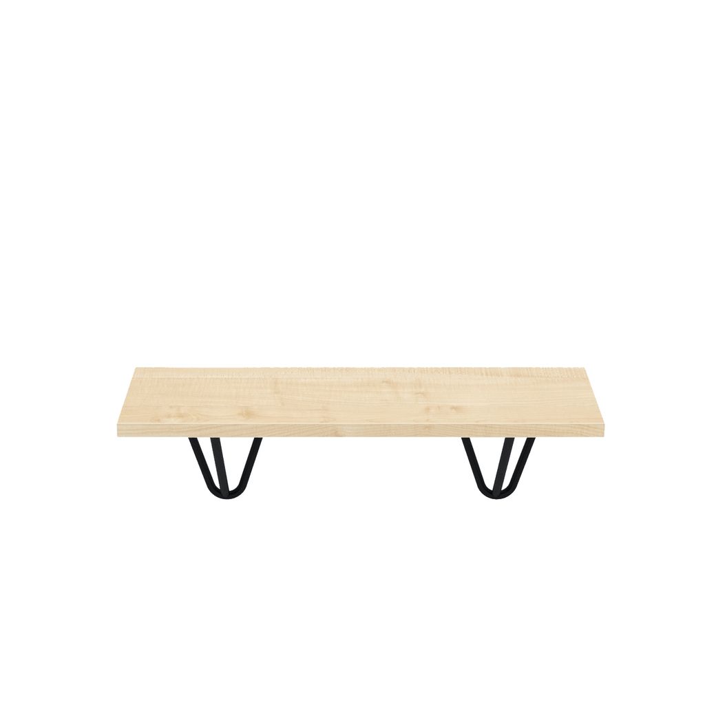 A floating shelf with black hairpin legs on a white background.
