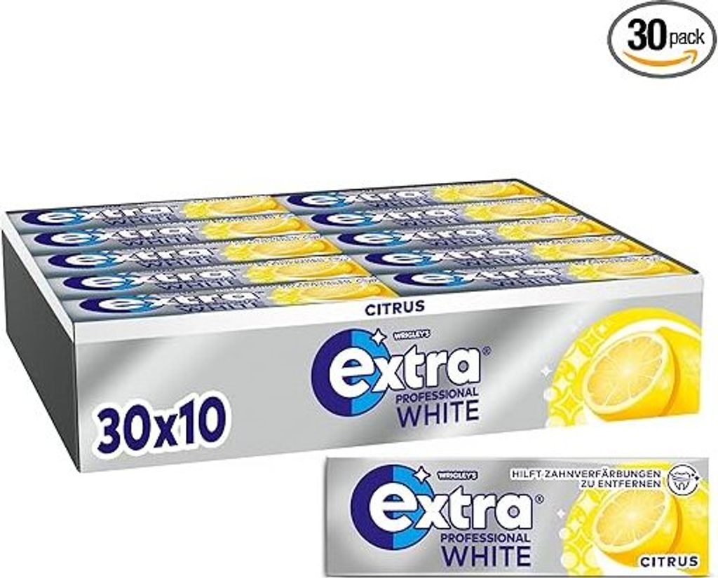 A display box of Wrigley's Extra Professional White Citrus chewing gum.