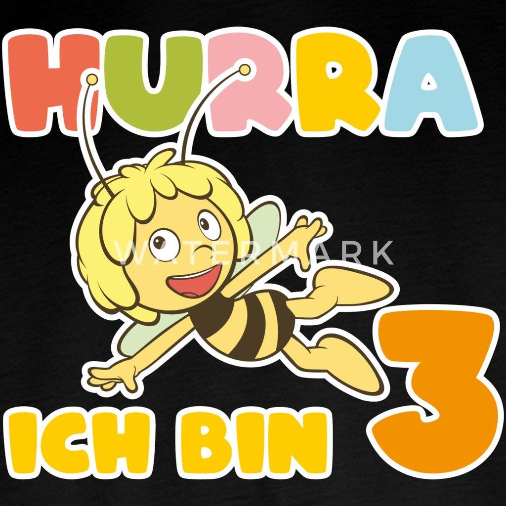 Spreadshirt Biene Maja Hurra Ich bin 3 Dritter Geburtstag Kinder Premium Langarmshirt, 134/140 (8 Jahre), Schwarz