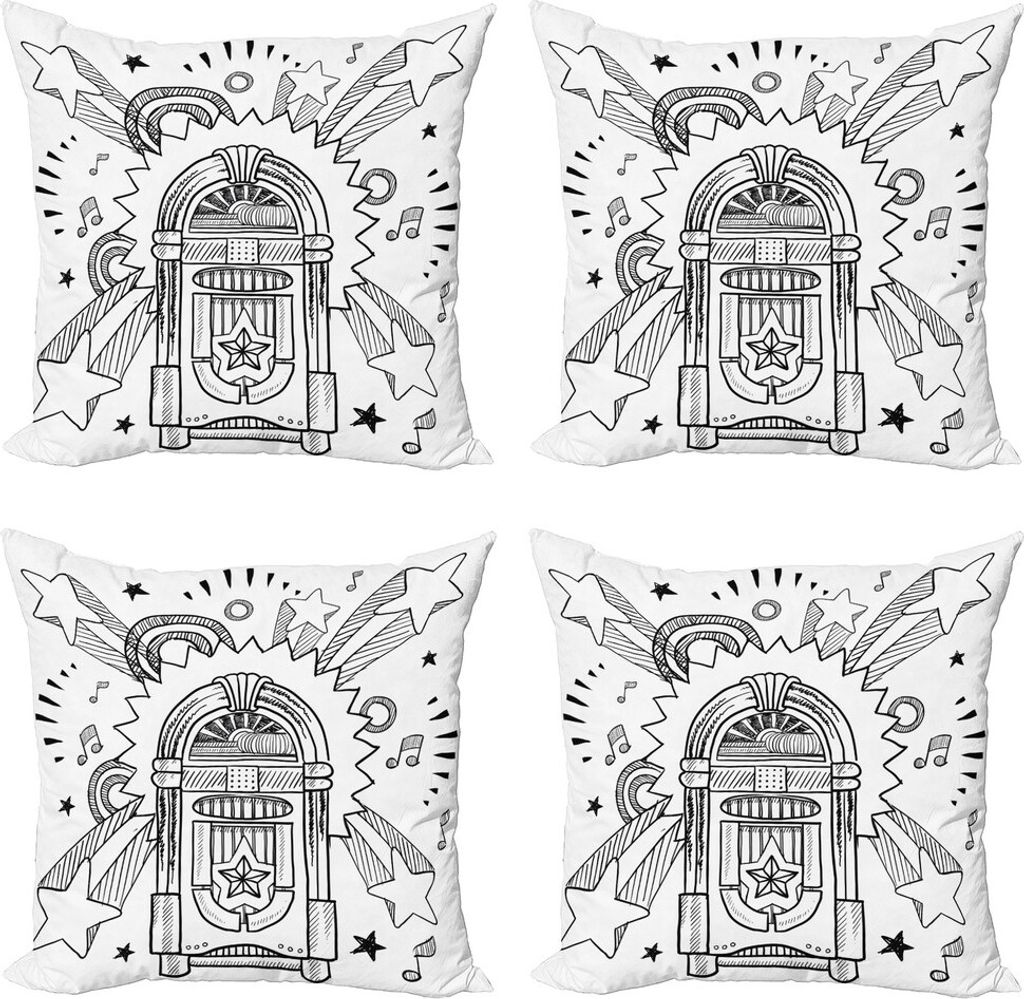 ABAKUHAUS Musikbox Kissenbezug Set (4 Stück), Cartoon Sketchy Music Box, Moderner Doppelseitiger Digitaldruck, 40 cm x 40 cm, Schwarz und weiß