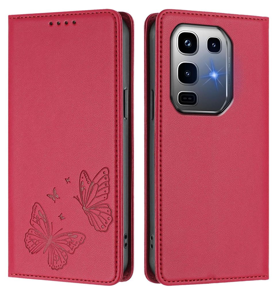 Lederhülle für Infinix Note 50 Pro+ 5G, Schmetterling Prägung Leder Brieftasche Schutzhülle mit Ständer Rot