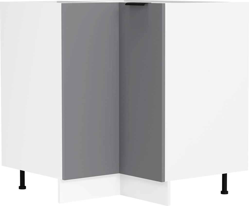 A corner kitchen cabinet with white and gray doors, standing on black legs.