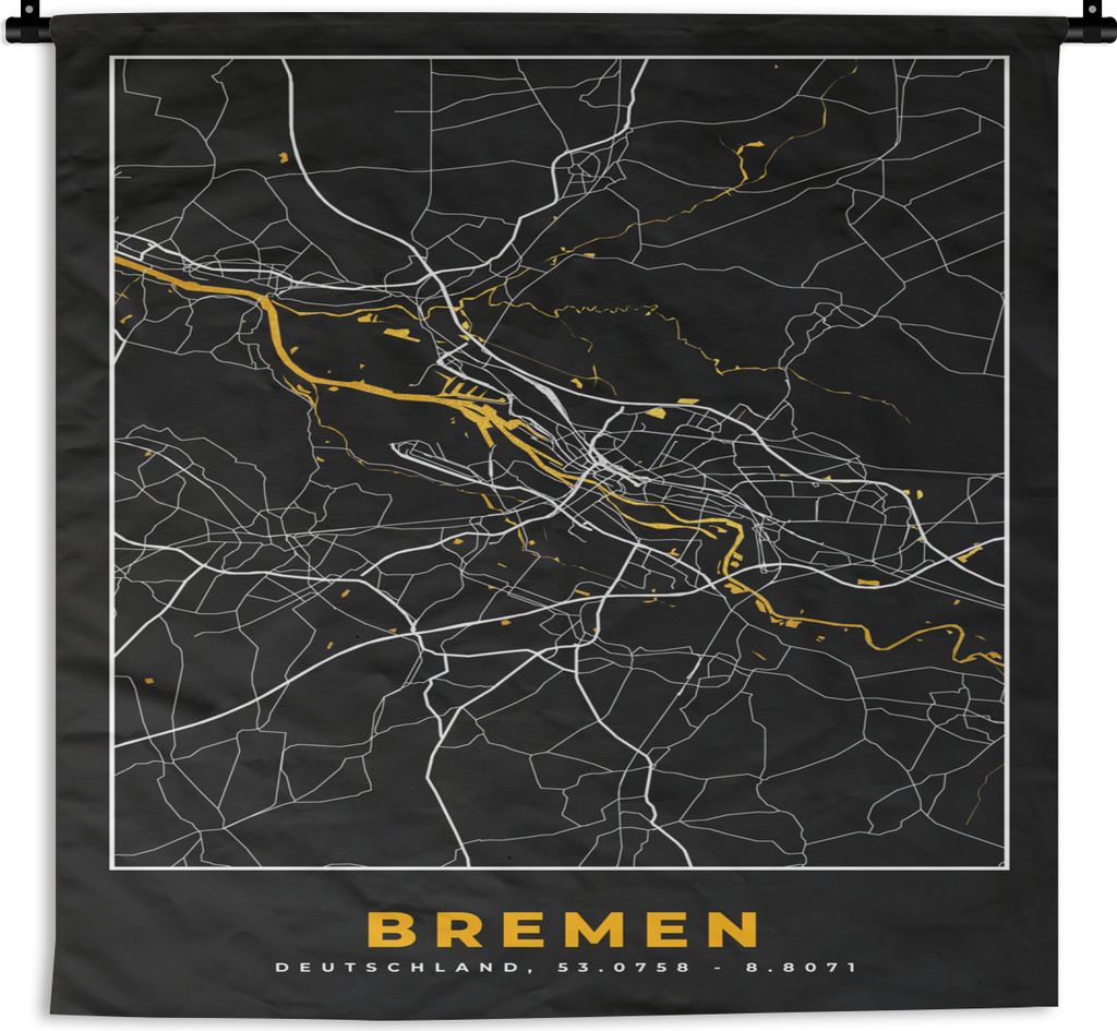 MuchoWow Wandteppich Wandbehang Bremen - Stadtplan - Deutschland - Karte - Gold 90x90 cm Tapisserie Dekoration Wandtuch - Wandaufhänger