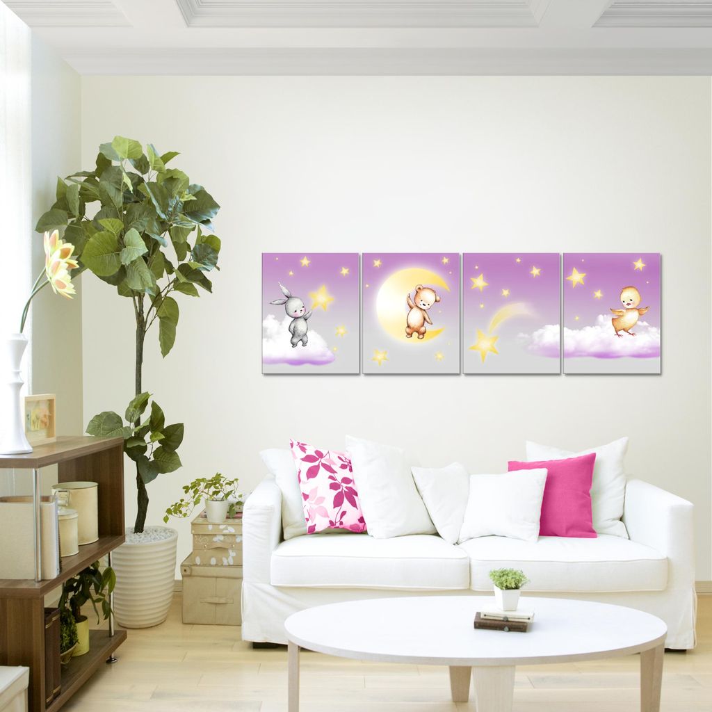 Bilder Modern Kinderzimmer Tiere Bilderer XXL Bild 160x50 cm gelb grau rosa blau