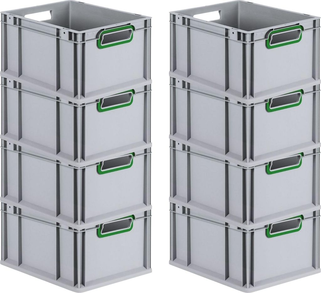 SuperSparSet 8x Eurobox NextGen Color | HxBxT 22x30x40cm | 20 Liter | Griffe grün offen | Glatter Boden | Eurobehälter, Transportbox, Transportbe...