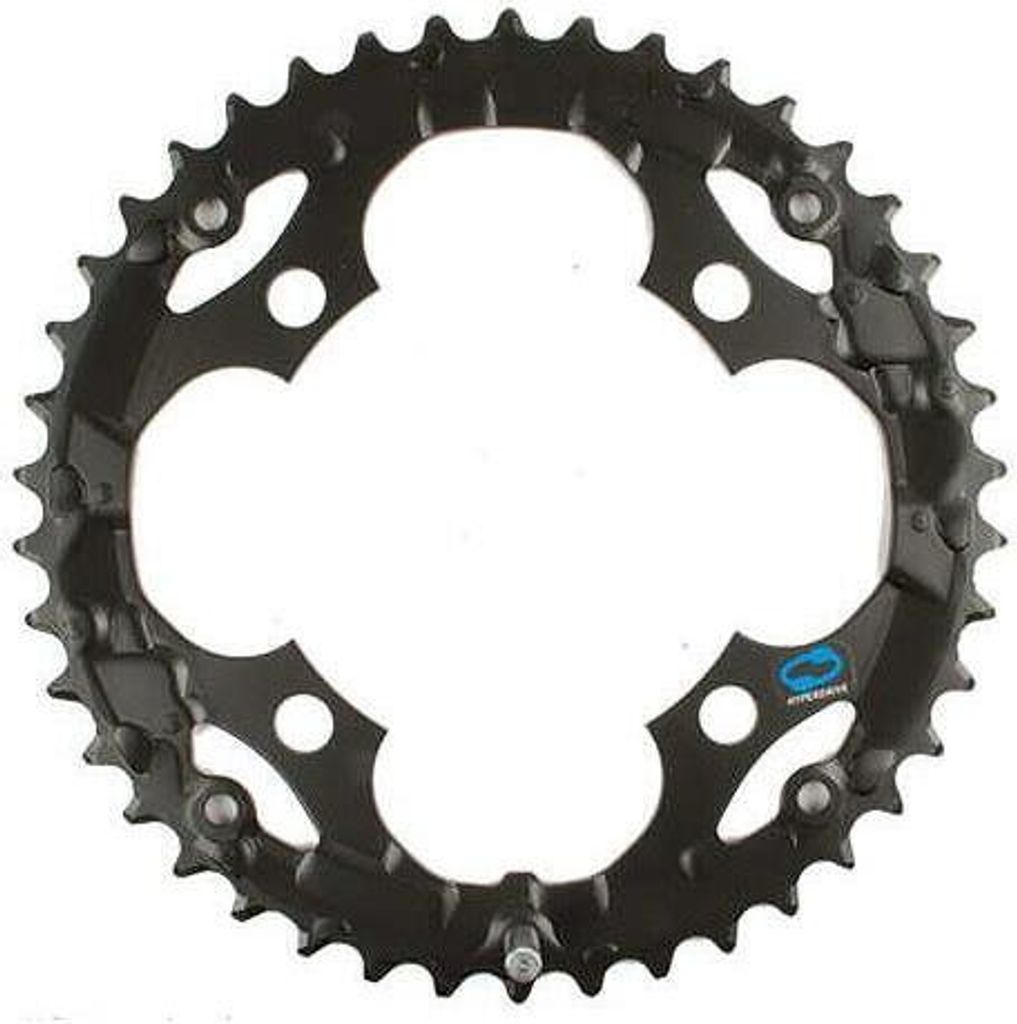 A black bicycle chainring is shown against a white background.